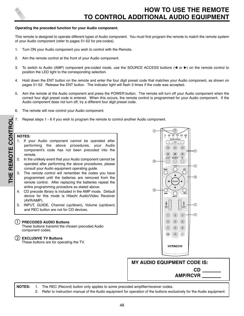 The remote control, My audio equipment code is, Cd amp/rcvr | Hitachi 55HDX61A User Manual | Page 48 / 104