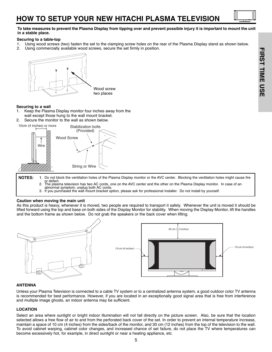 How to setup your new hitachi plasma television, First time use | Hitachi 55HDX61A User Manual | Page 5 / 104