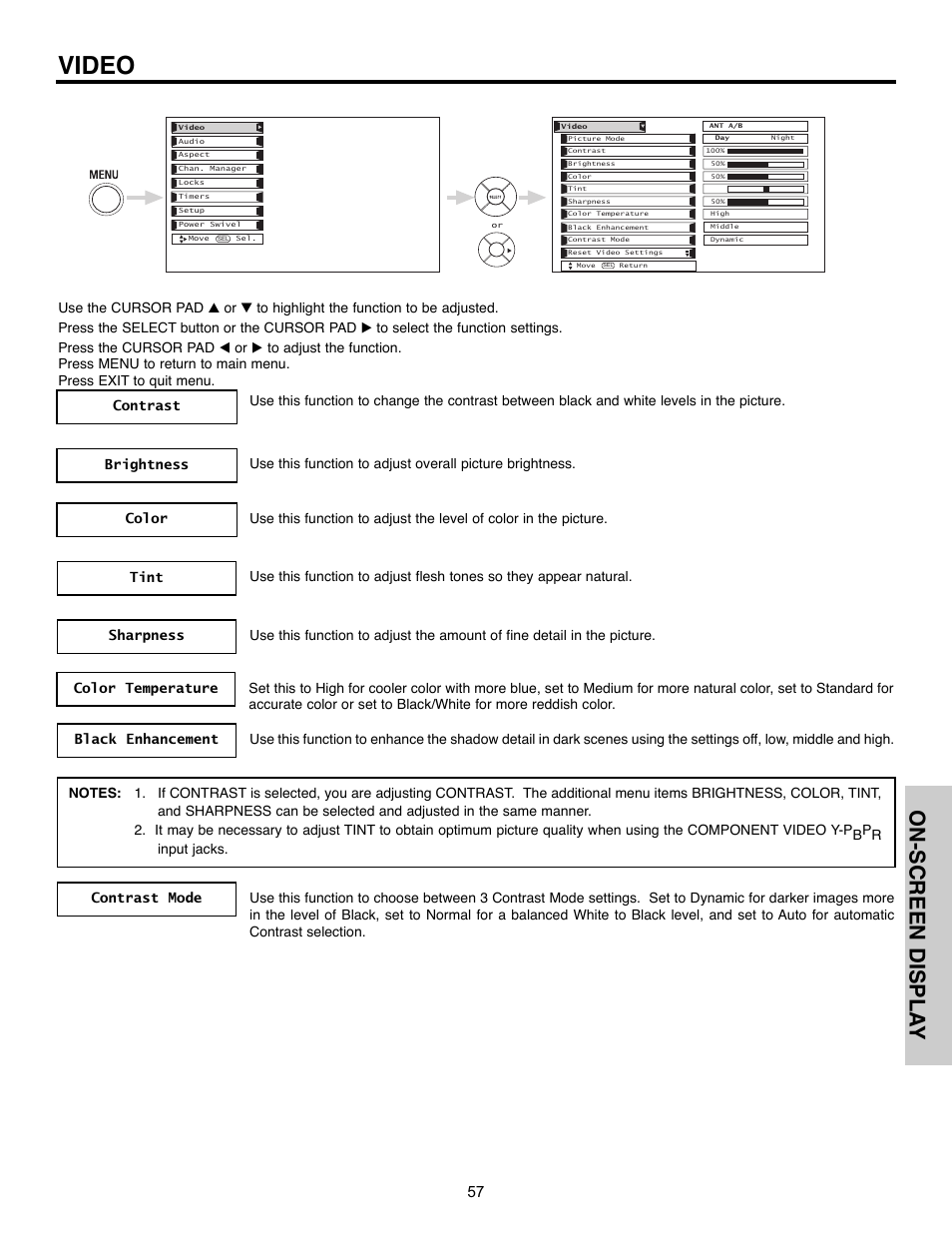 Video, On-screen displa y | Hitachi 55HDX61A User Manual | Page 57 / 104