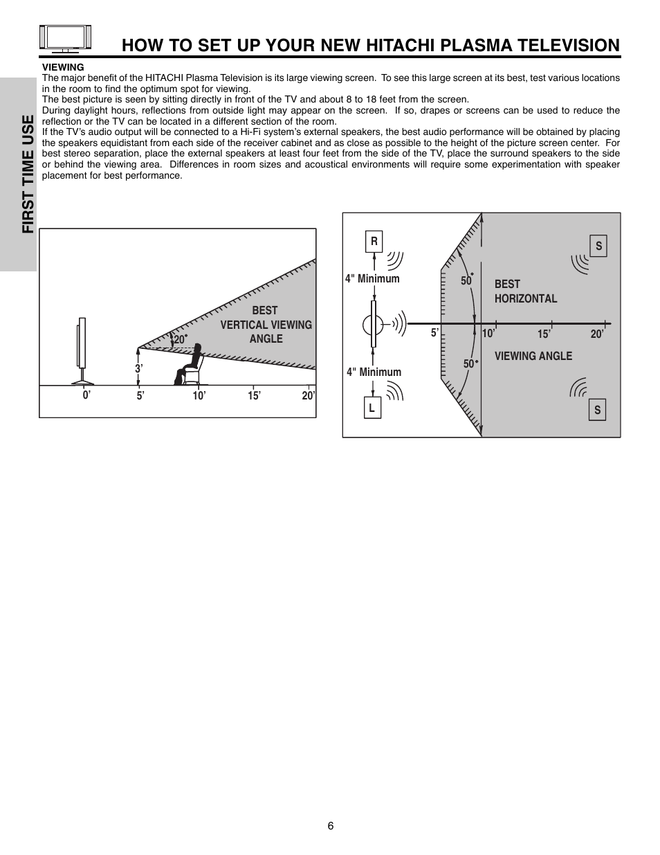 How to set up your new hitachi plasma television, First time use | Hitachi 55HDX61A User Manual | Page 6 / 104