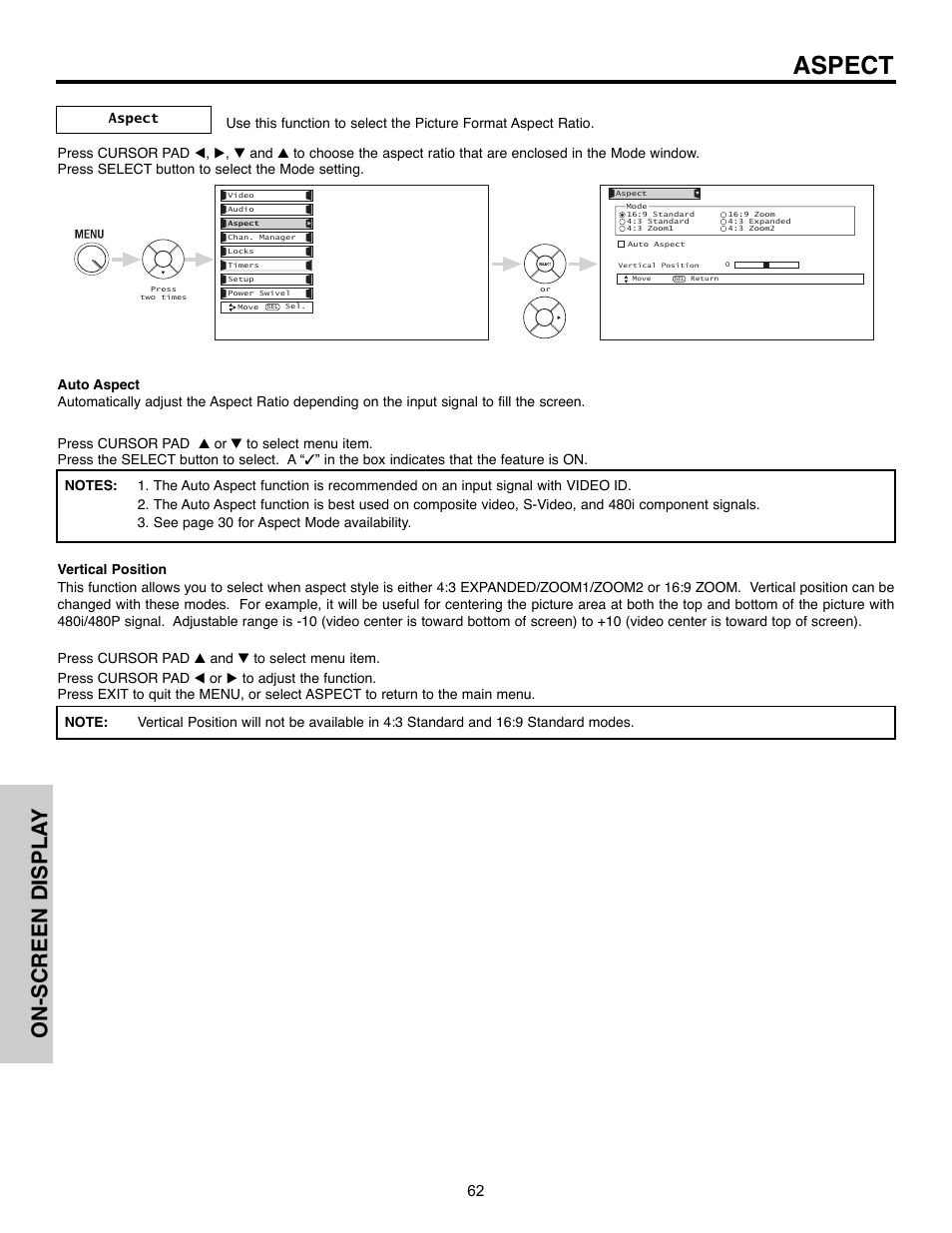 Aspect, On-screen displa y | Hitachi 55HDX61A User Manual | Page 62 / 104