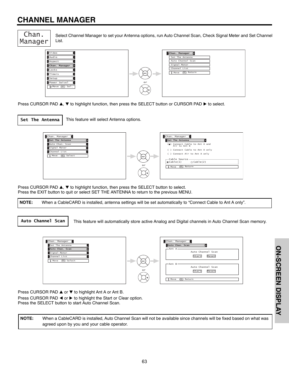 Channel manager, Chan. manager, On-screen displa y | This feature will select antenna options | Hitachi 55HDX61A User Manual | Page 63 / 104