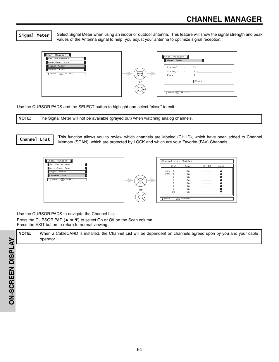 Channel manager, On-screen displa y | Hitachi 55HDX61A User Manual | Page 64 / 104