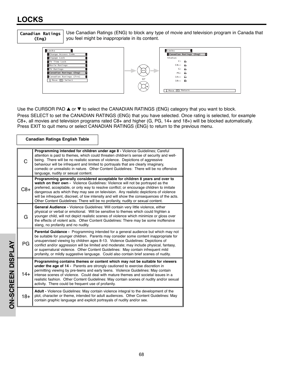 Locks, On-screen displa y | Hitachi 55HDX61A User Manual | Page 68 / 104