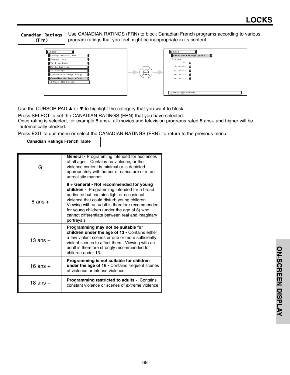 Locks, On-screen displa y | Hitachi 55HDX61A User Manual | Page 69 / 104