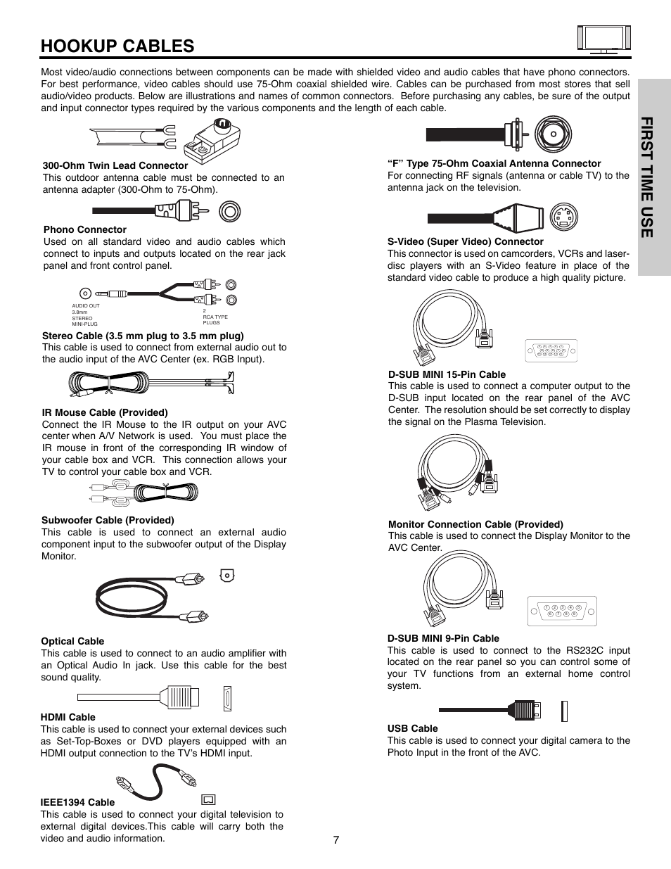 Hookup cables, First time use | Hitachi 55HDX61A User Manual | Page 7 / 104