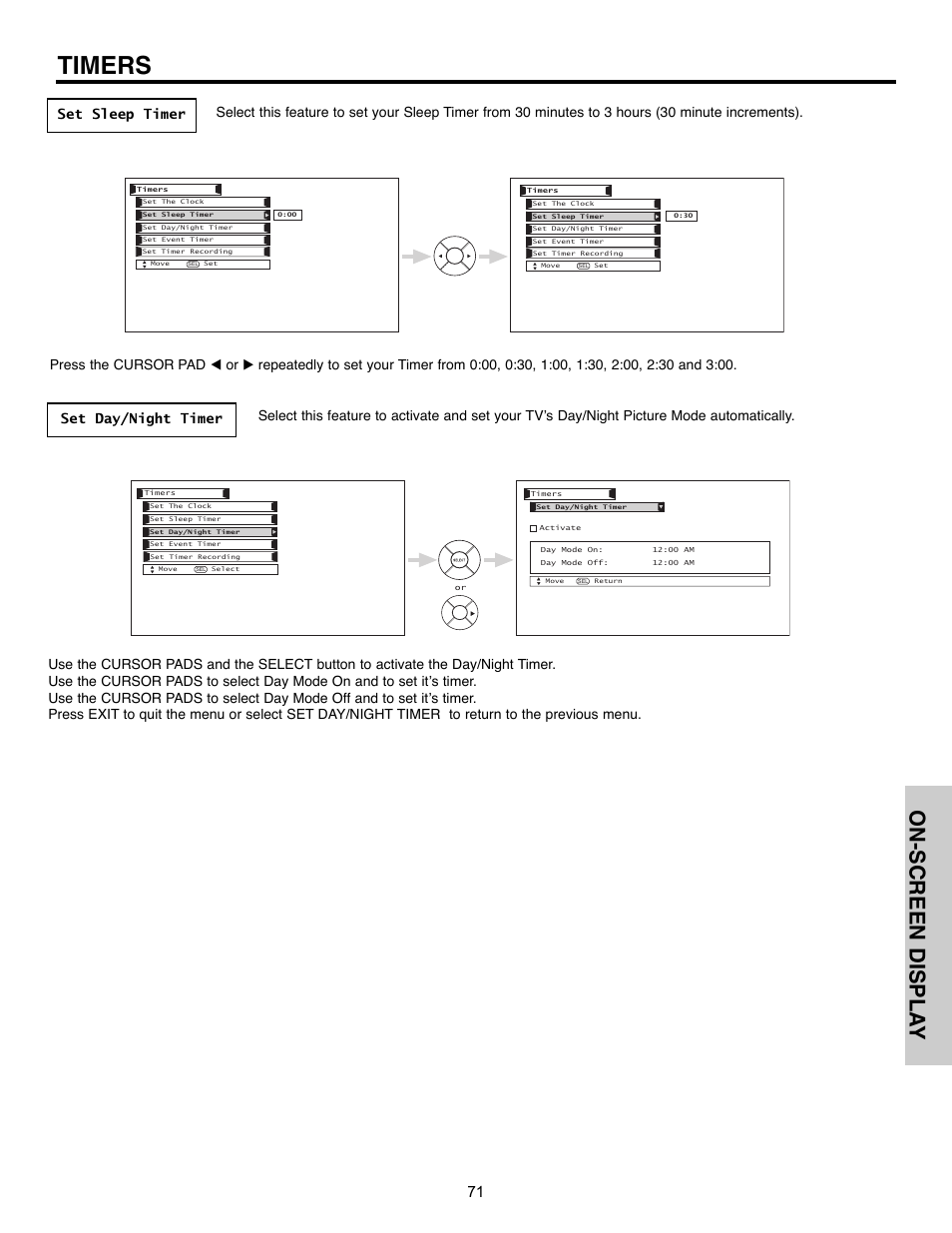 Timers, On-screen displa y | Hitachi 55HDX61A User Manual | Page 71 / 104