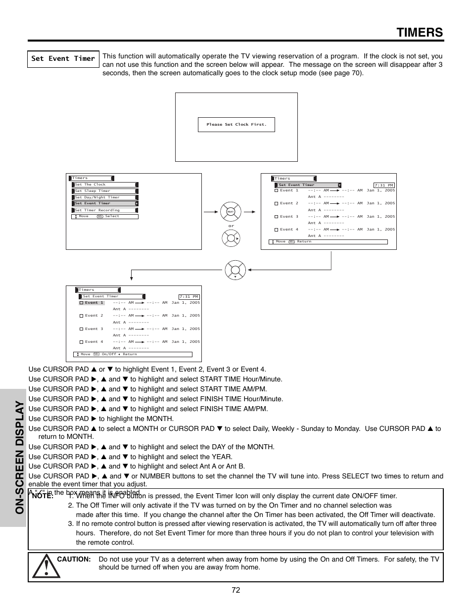 Timers, On-screen displa y | Hitachi 55HDX61A User Manual | Page 72 / 104