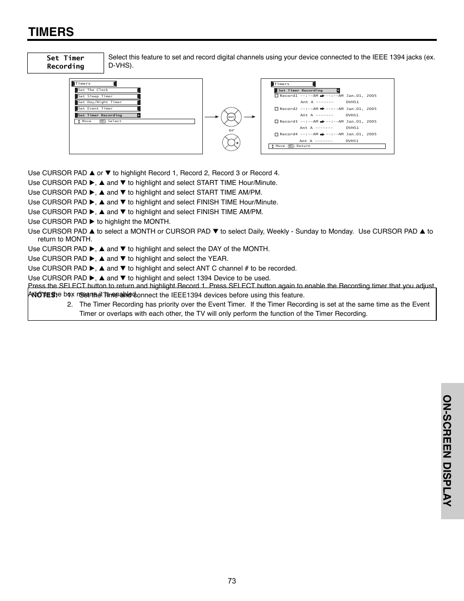 Timers, On-screen displa y | Hitachi 55HDX61A User Manual | Page 73 / 104