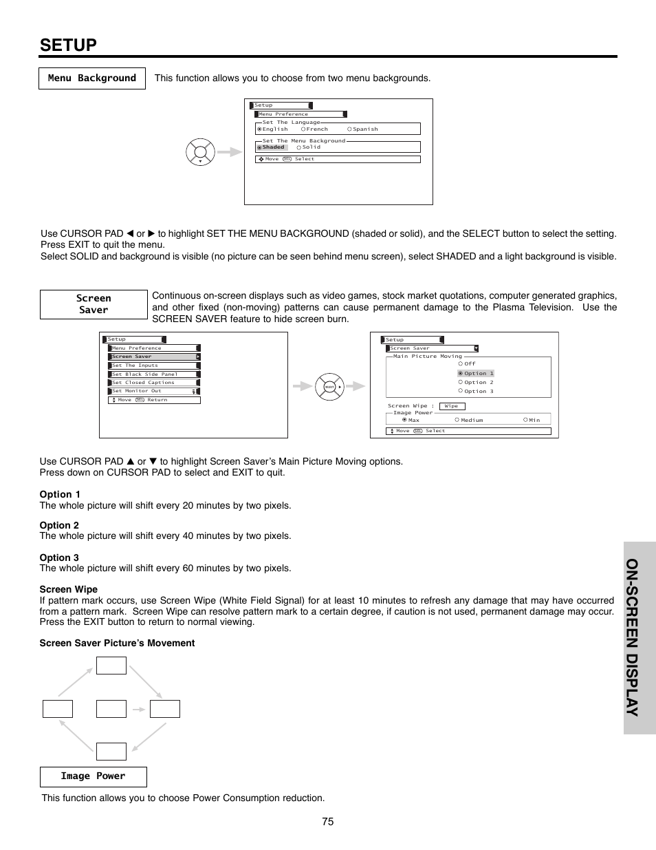 Setup, On-screen displa y | Hitachi 55HDX61A User Manual | Page 75 / 104