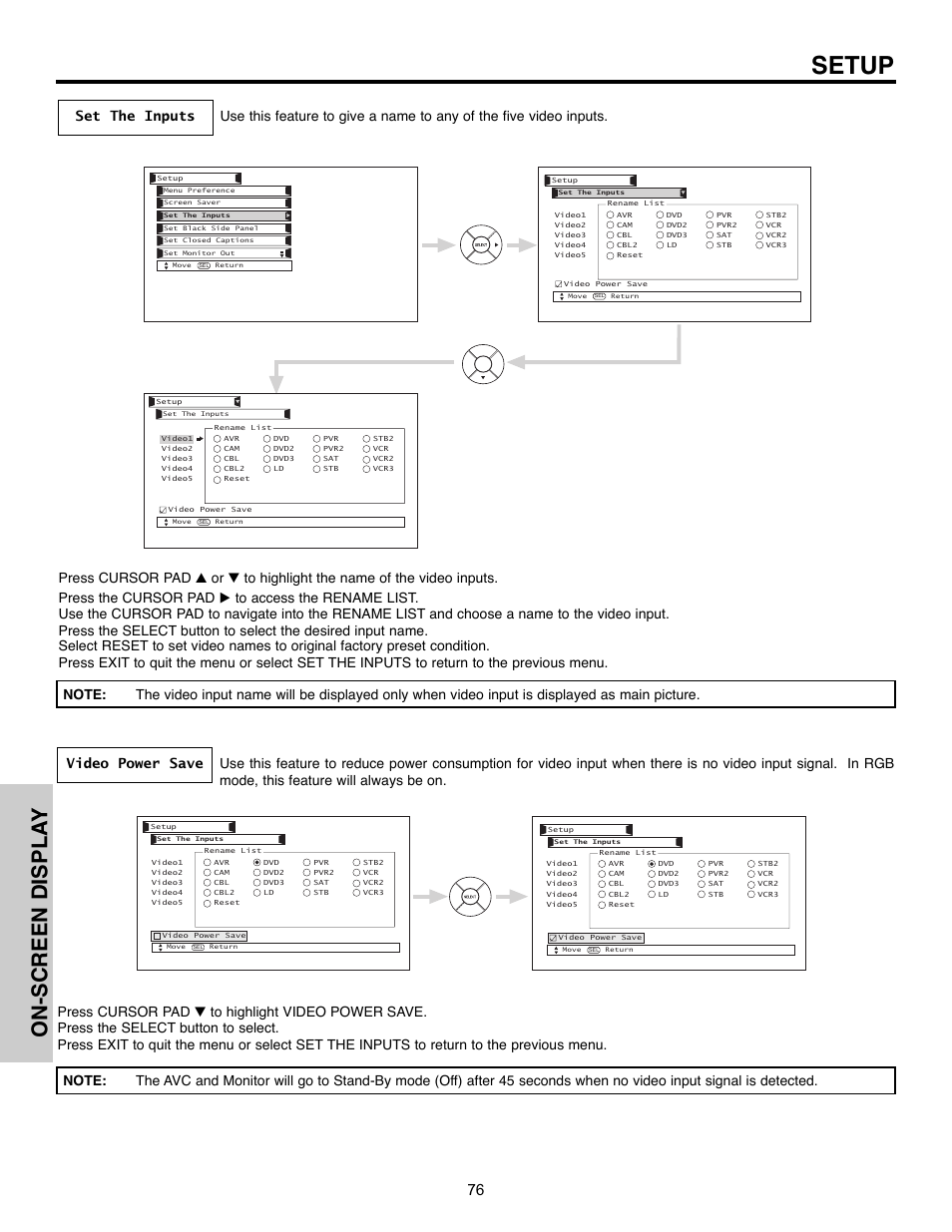 Setup, On-screen displa y | Hitachi 55HDX61A User Manual | Page 76 / 104