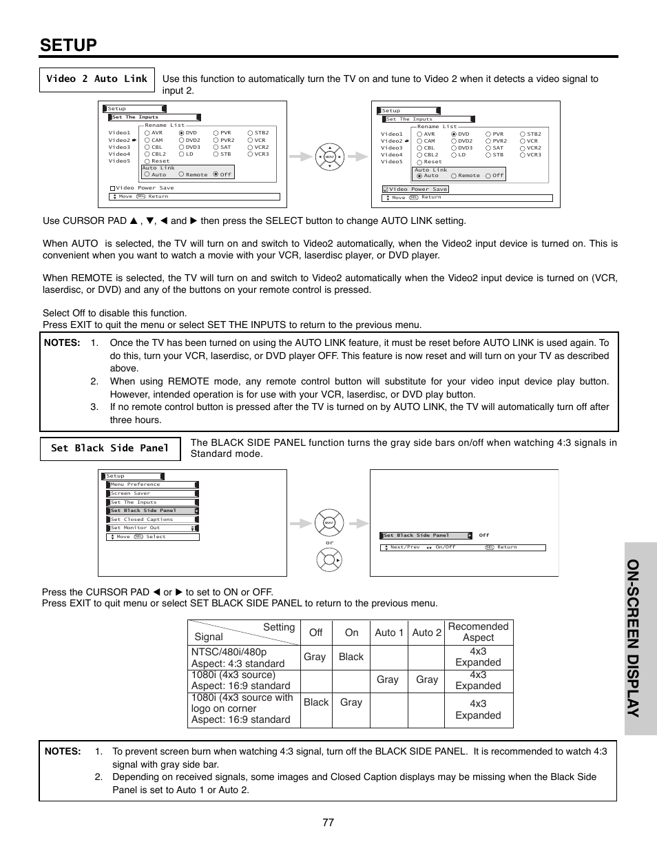 Setup, On-screen displa y | Hitachi 55HDX61A User Manual | Page 77 / 104