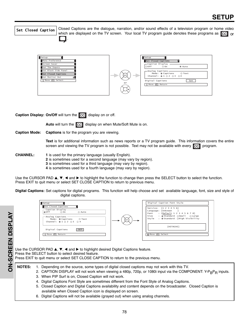 Setup, On-screen displa y, Set closed caption | Hitachi 55HDX61A User Manual | Page 78 / 104