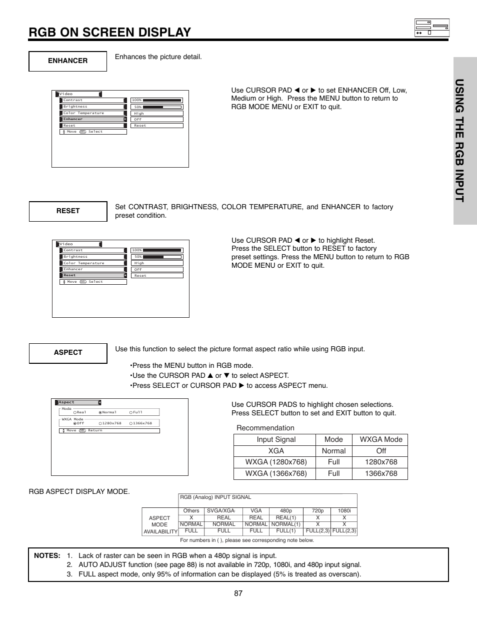 Rgb on screen display, Using the rgb input | Hitachi 55HDX61A User Manual | Page 87 / 104