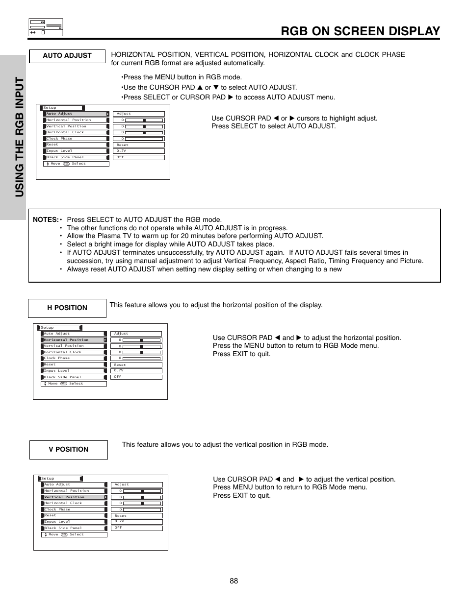 Rgb on screen display, Using the rgb input | Hitachi 55HDX61A User Manual | Page 88 / 104