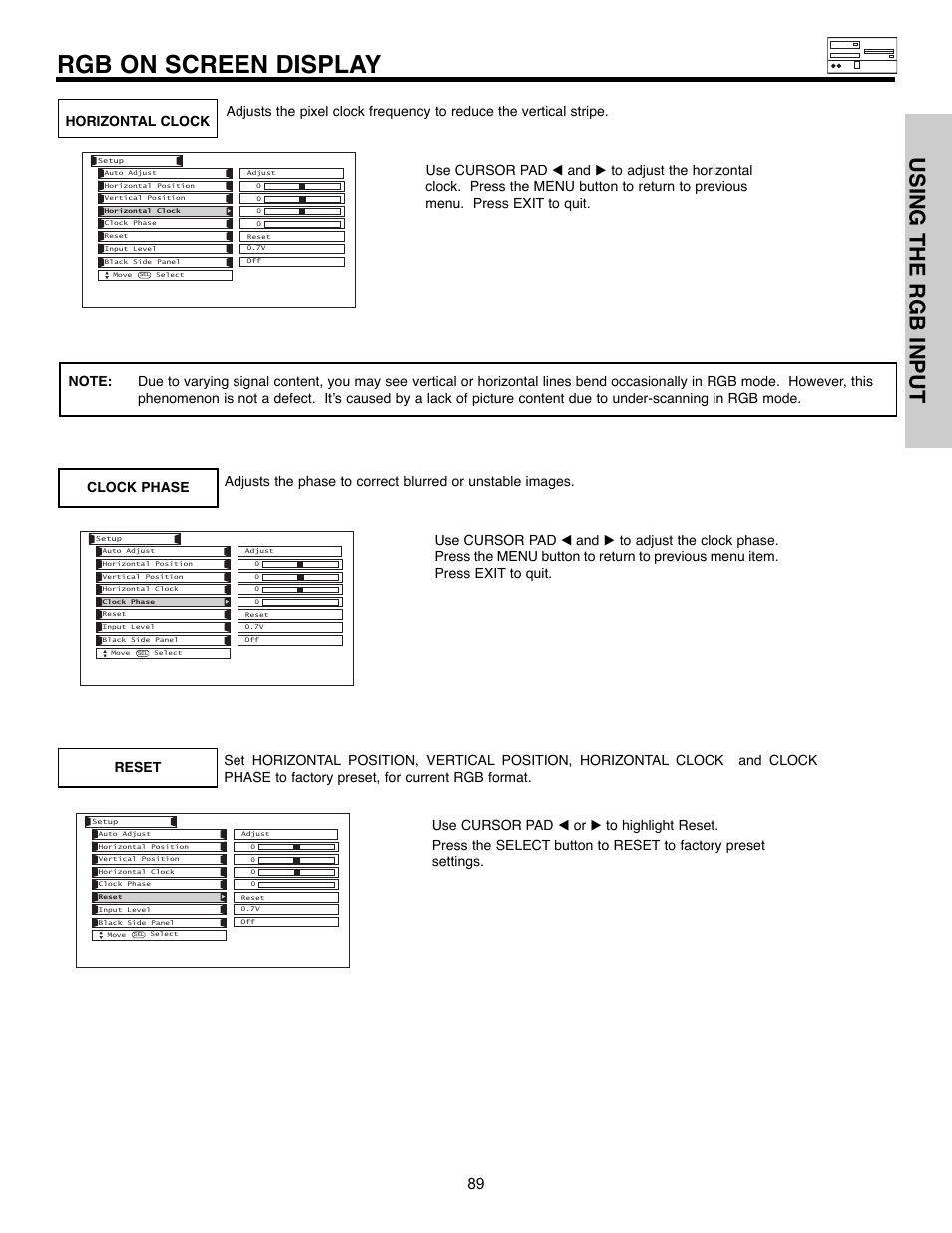 Rgb on screen display, Using the rgb input | Hitachi 55HDX61A User Manual | Page 89 / 104