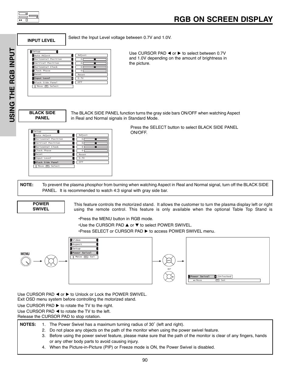 Rgb on screen display, Using the rgb input | Hitachi 55HDX61A User Manual | Page 90 / 104