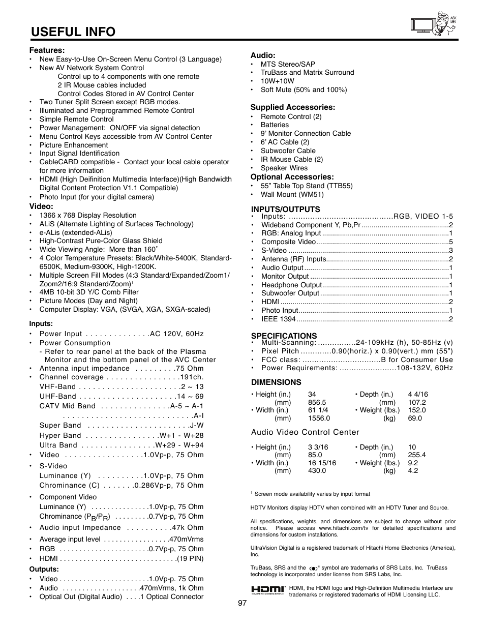 Useful info | Hitachi 55HDX61A User Manual | Page 97 / 104