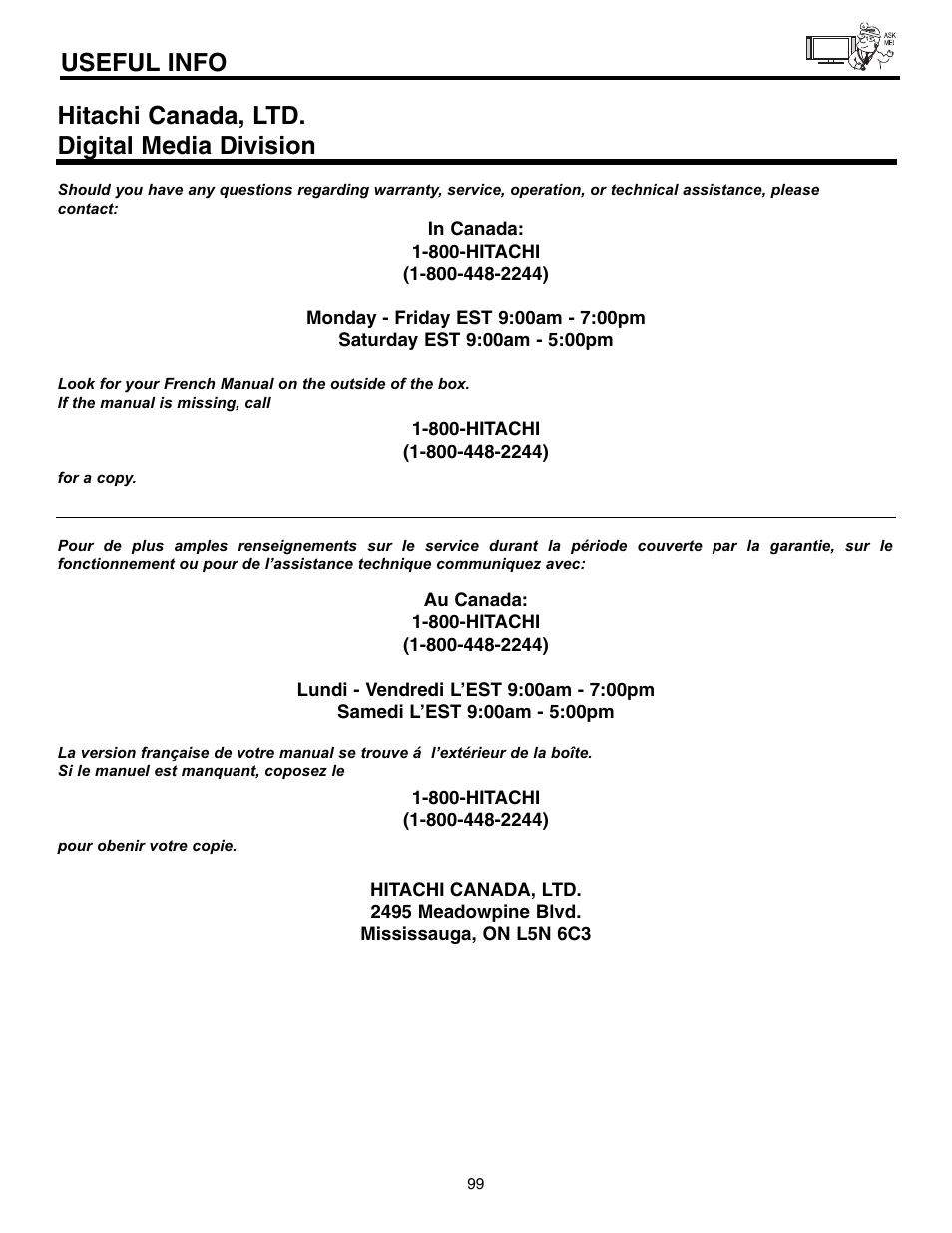 Useful info, Hitachi canada, ltd. digital media division | Hitachi 55HDX61A User Manual | Page 99 / 104