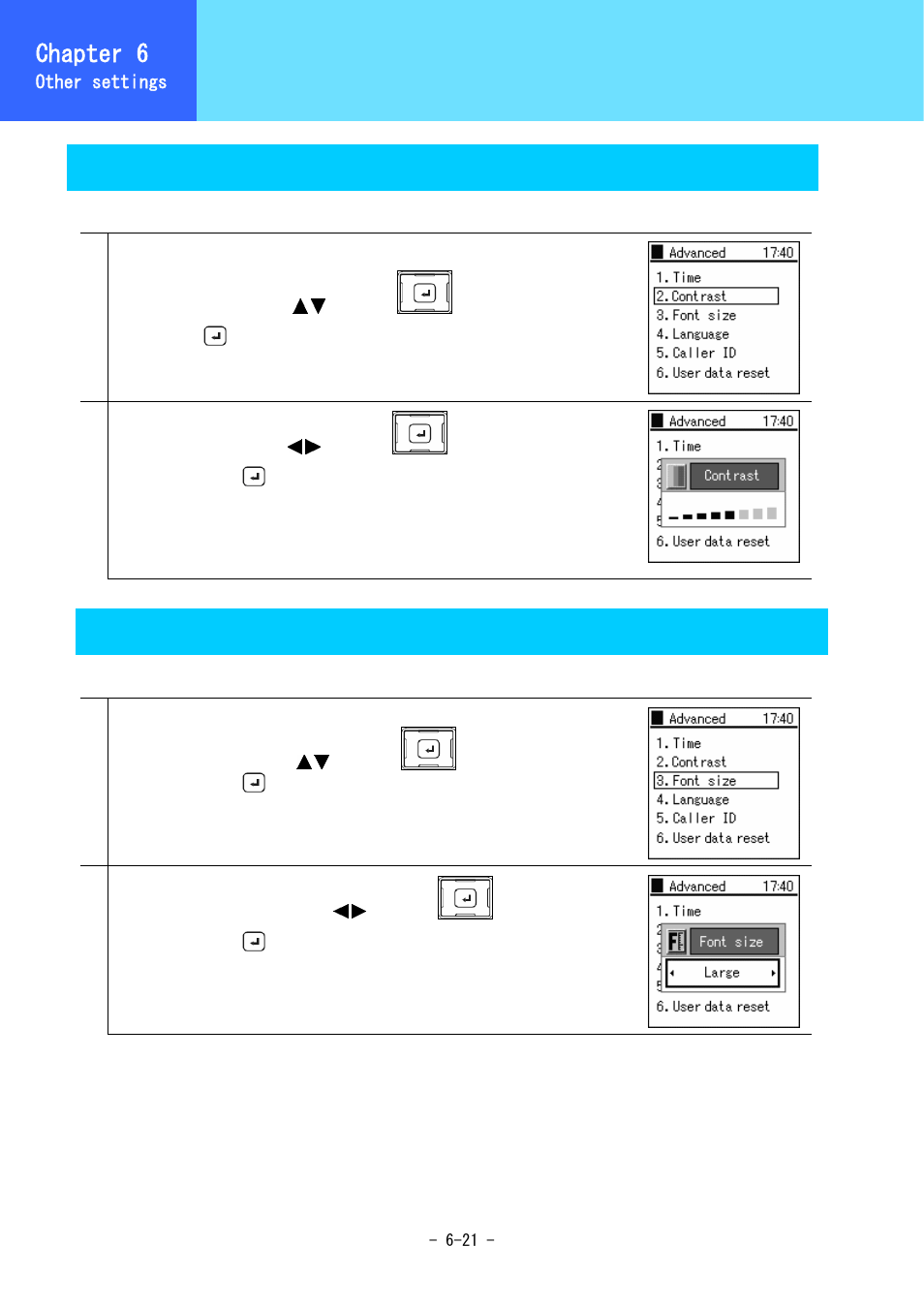 Equipment settings, Chapter 6, Contrast | Font size | Hitachi 3000 User Manual | Page 100 / 132