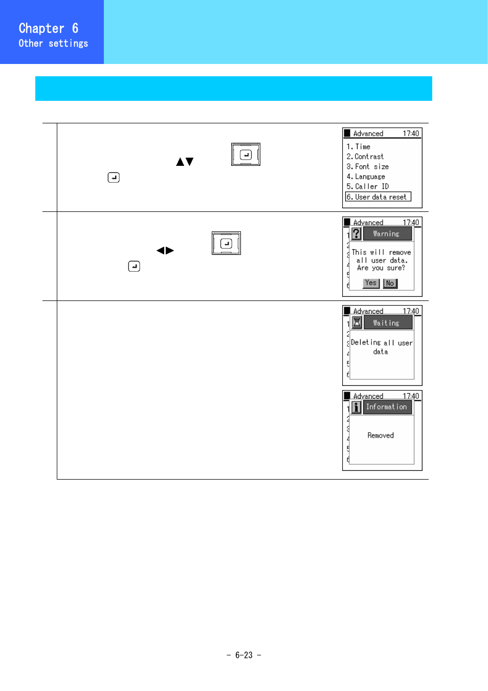 Equipment settings, Chapter 6, Deleting user data | Hitachi 3000 User Manual | Page 102 / 132