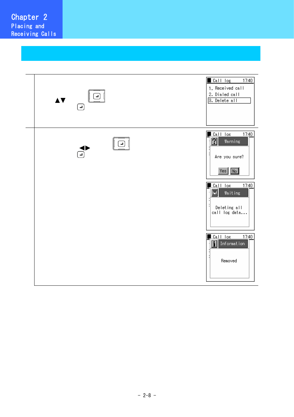 Call log, Chapter 2, Deleting the entire call log | Hitachi 3000 User Manual | Page 28 / 132