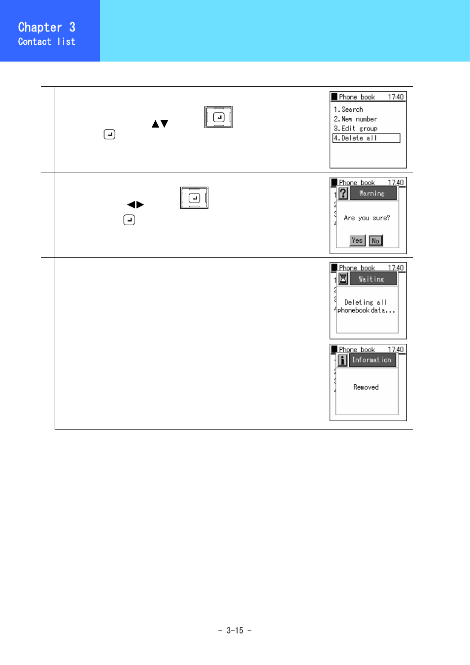 Deleting entire phone book, Chapter 3 | Hitachi 3000 User Manual | Page 53 / 132