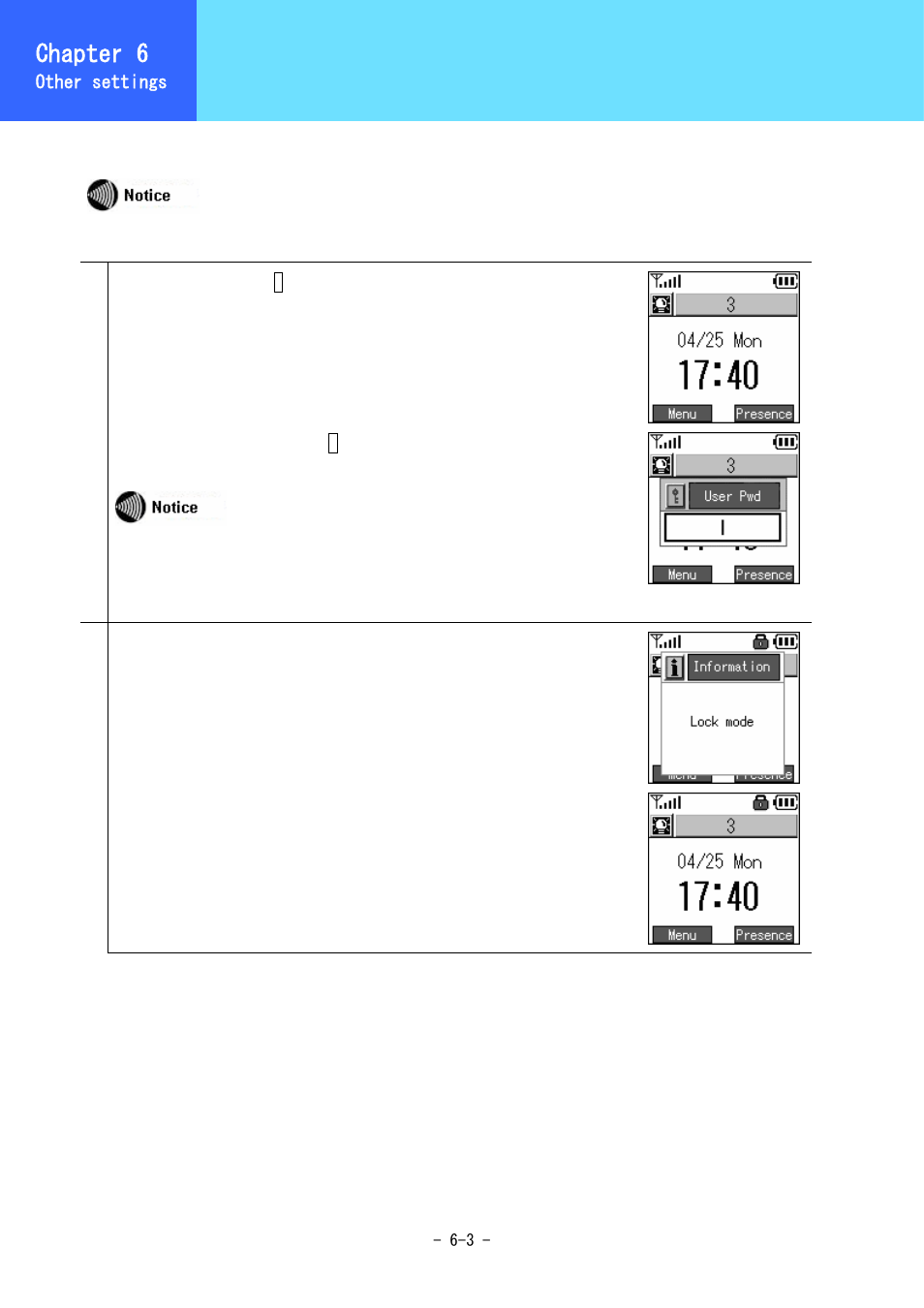 Setting/ending keylock, Chapter 3, Chapter 6 | Hitachi 3000 User Manual | Page 82 / 132