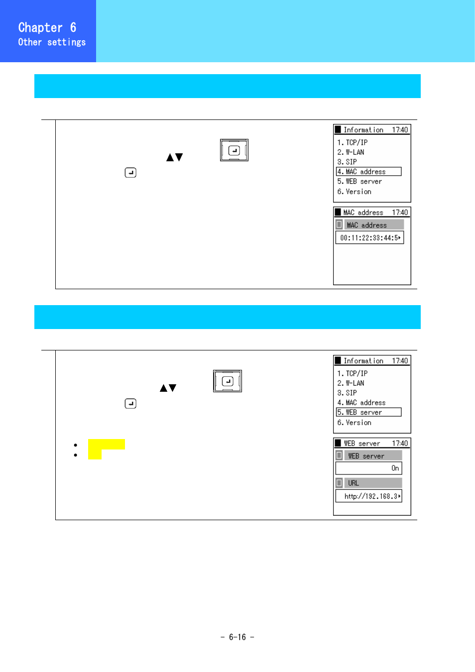 Information display, Chapter 6, Mac address value | Web server | Hitachi 3000 User Manual | Page 95 / 132
