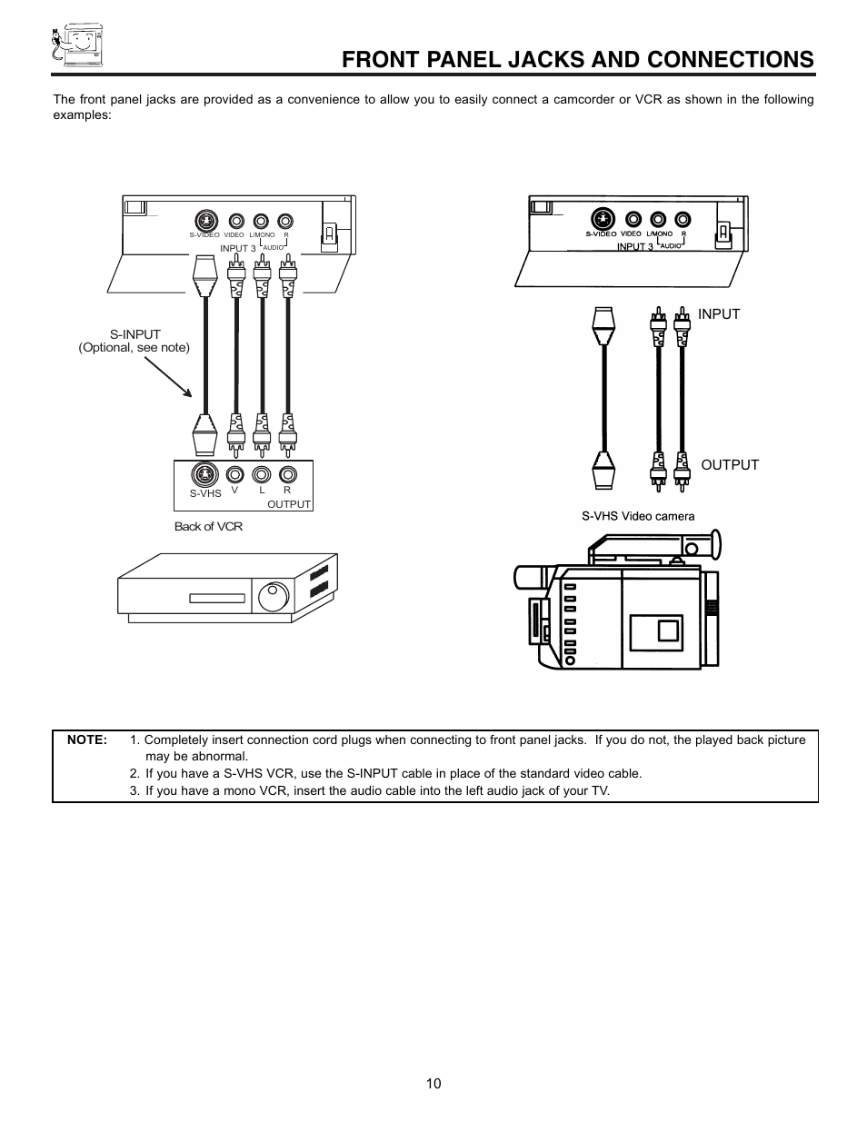 Front panel jacks and connections, Input output | Hitachi 32UDX10S User Manual | Page 10 / 68