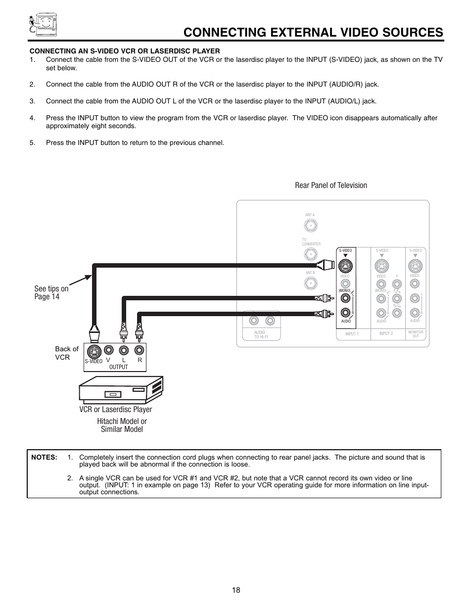 Connecting external video sources, See tips on page 14 | Hitachi 32UDX10S User Manual | Page 18 / 68