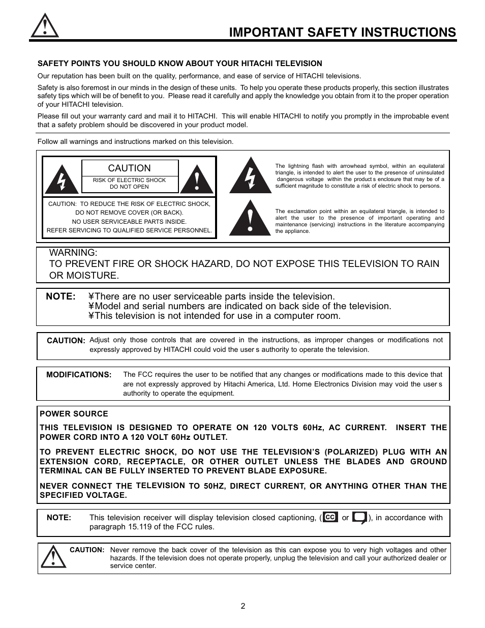 Important safety instructions, Caution | Hitachi 32UDX10S User Manual | Page 2 / 68