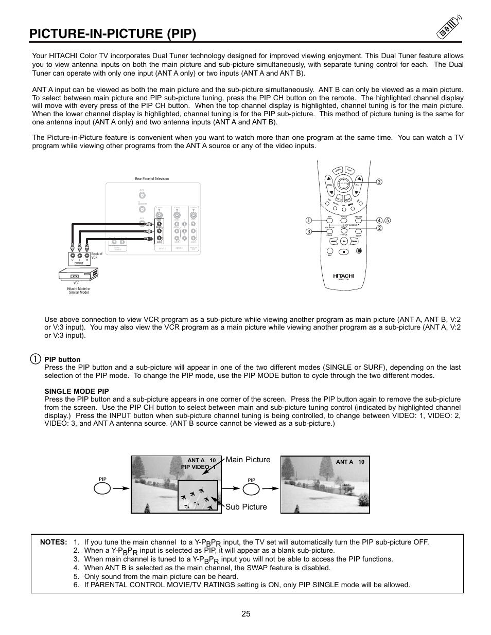 Picture-in-picture (pip), Main picture sub picture, Ant a 10 pip video: 1 | Ant a 10 | Hitachi 32UDX10S User Manual | Page 25 / 68