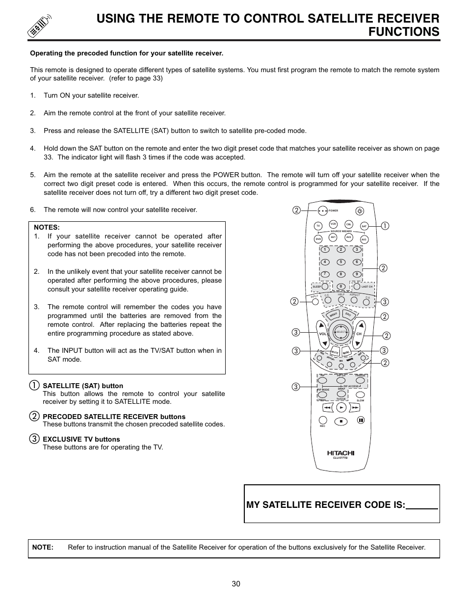 My satellite receiver code is | Hitachi 32UDX10S User Manual | Page 30 / 68