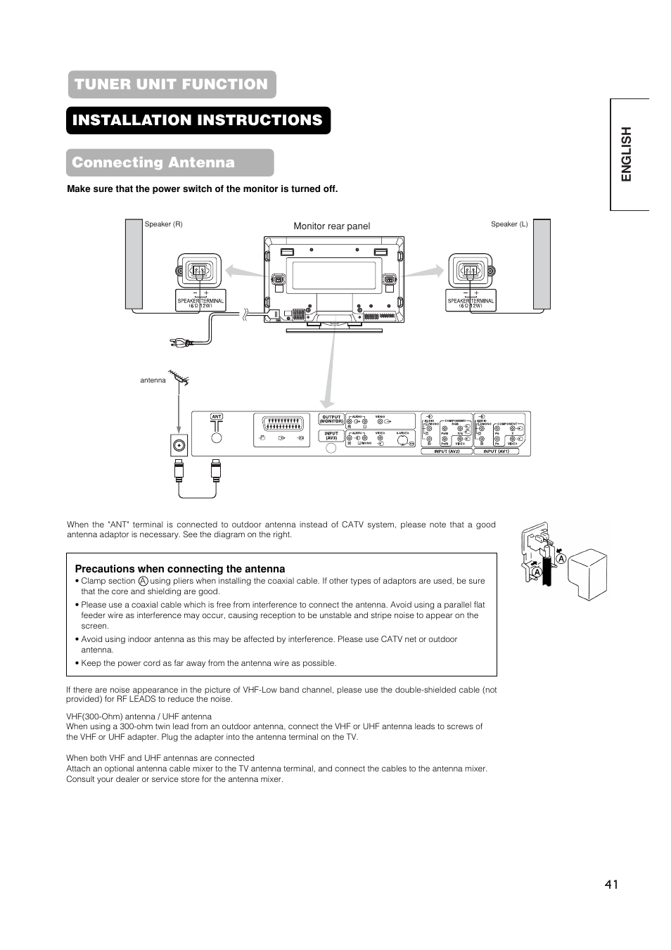 Connecting antenna, Installation instructions tuner unit function, English | Hitachi 42EDT41 User Manual | Page 42 / 62