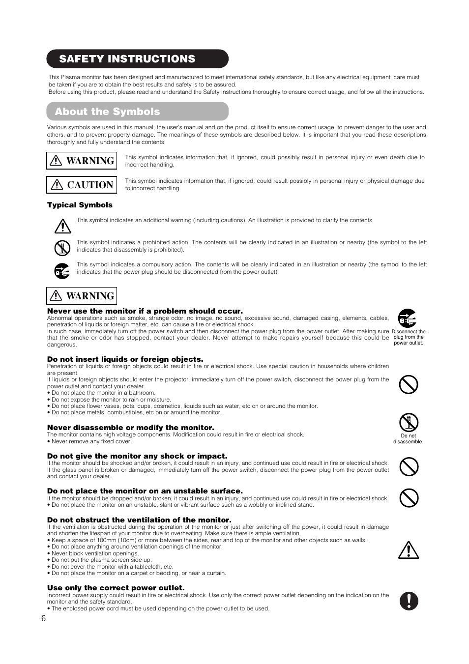 Safety instructions, Caution, Warning | About the symbols | Hitachi 42EDT41 User Manual | Page 7 / 62