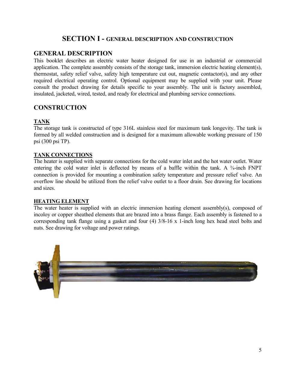 General description, Construction, Tank | Hubbell Electric Heater Company V15 User Manual | Page 5 / 29