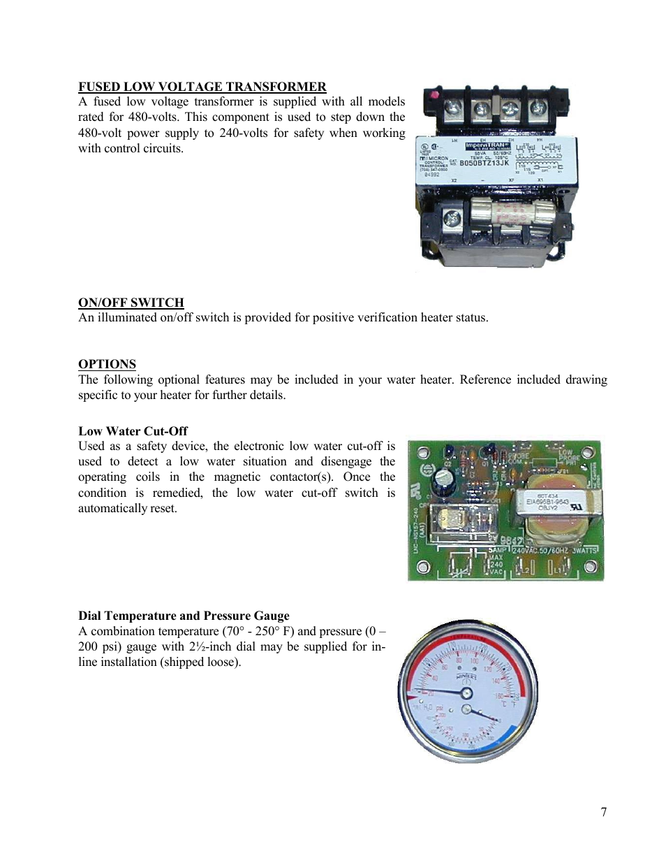 Fused low voltage transformer, Options, Low water cut-off | Dial temperature and pressure gauge | Hubbell Electric Heater Company A User Manual | Page 7 / 27