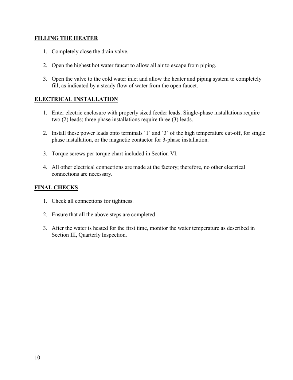 Final checks | Hubbell Electric Heater Company HSE User Manual | Page 10 / 22