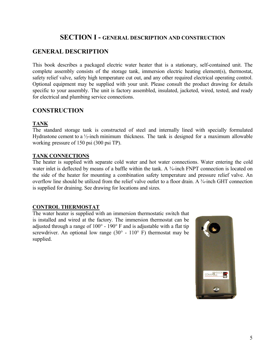 General description, Construction, Tank | Hubbell Electric Heater Company HSE User Manual | Page 5 / 22