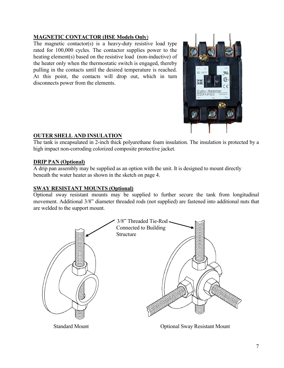 Magnetic contactor (hse models only), Outer shell and insulation, Drip pan (optional) | Hubbell Electric Heater Company HSE User Manual | Page 7 / 22