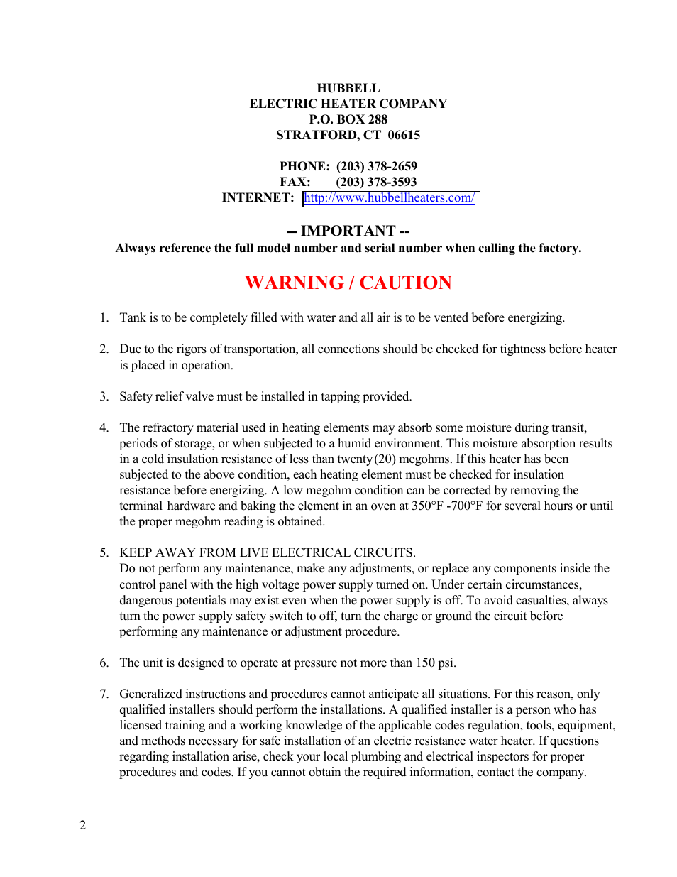 Warning / caution | Hubbell Electric Heater Company V20 User Manual | Page 2 / 27