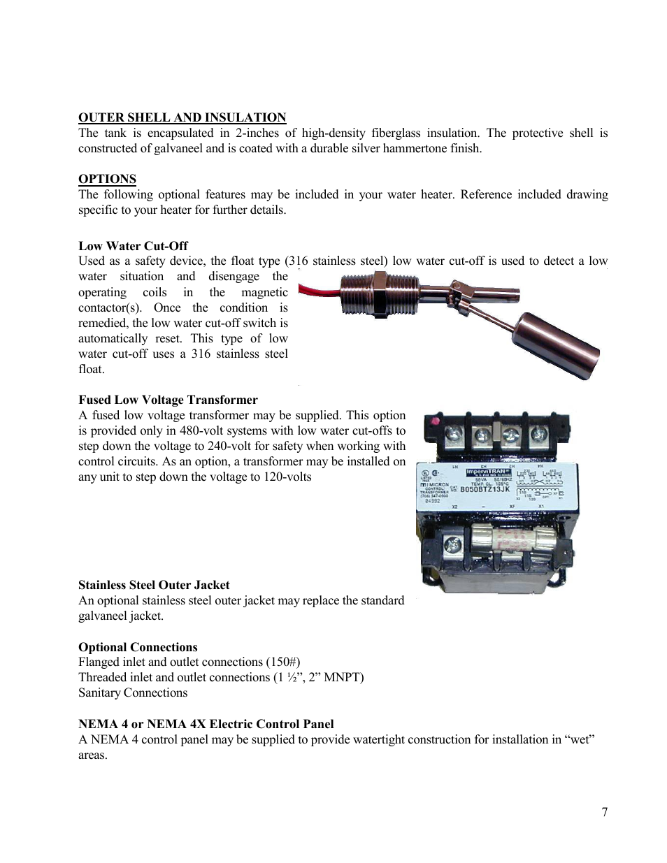 Outer shell and insulation, Options, Low water cut-off | Fused low voltage transformer, Nema 4 or nema 4x electric control panel | Hubbell Electric Heater Company D User Manual | Page 7 / 24