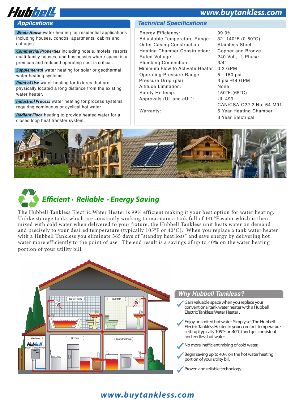 Efficient · reliable · energy saving, Why hubbell tankless, Applications | Technical specifications | Hubbell Electric Heater Company 280-3 27 kW User Manual | Page 5 / 6