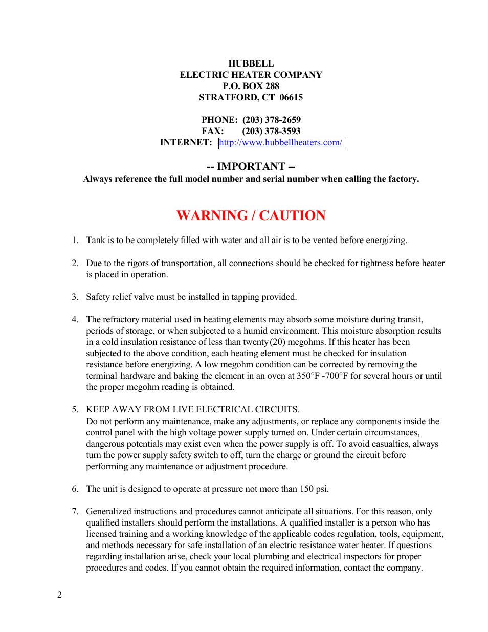 Warning / caution | Hubbell Electric Heater Company " SE " User Manual | Page 2 / 25