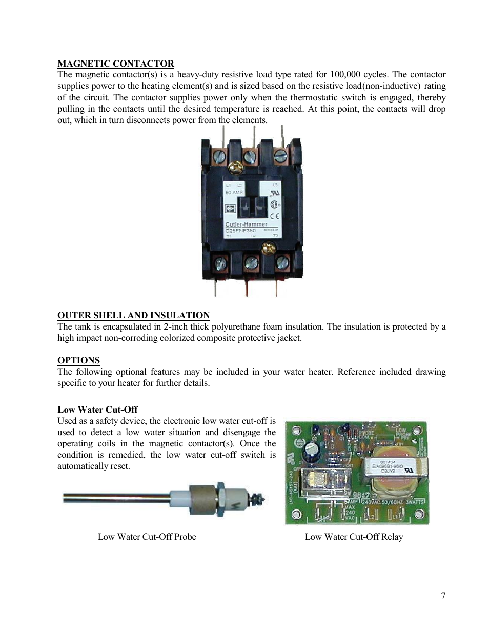 Magnetic contactor, Outer shell and insulation, Options | Low water cut-off | Hubbell Electric Heater Company " SE " User Manual | Page 7 / 25