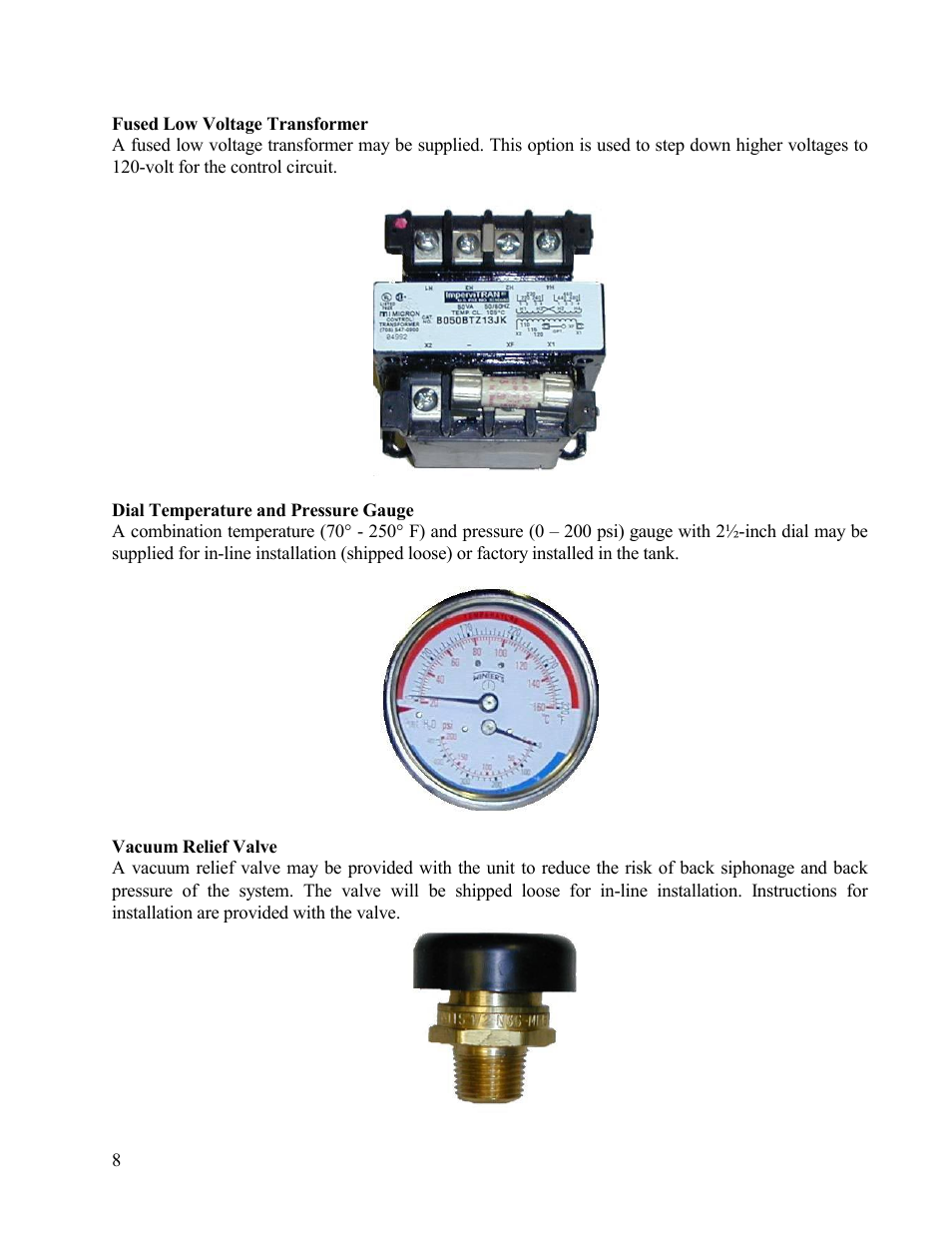 Dial temperature and pressure gauge, Vacuum relief valve | Hubbell Electric Heater Company " SE " User Manual | Page 8 / 25