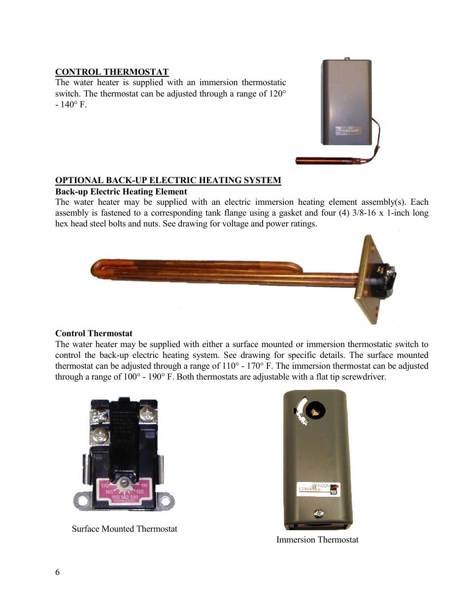 Optional back-up electric heating system, Back-up electric heating element | Hubbell Electric Heater Company T User Manual | Page 6 / 26