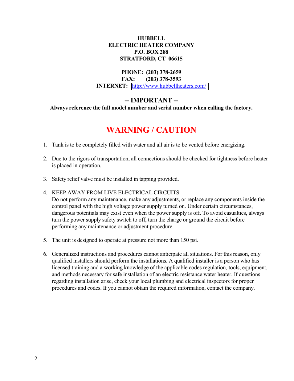 Warning / caution | Hubbell Electric Heater Company SLN User Manual | Page 2 / 22