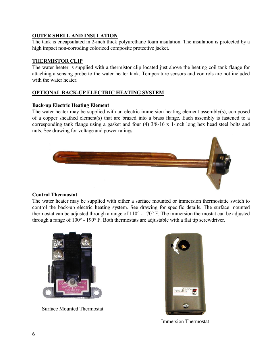 Outer shell and insulation, Optional back-up electric heating system, Back-up electric heating element | Hubbell Electric Heater Company SLN User Manual | Page 6 / 22